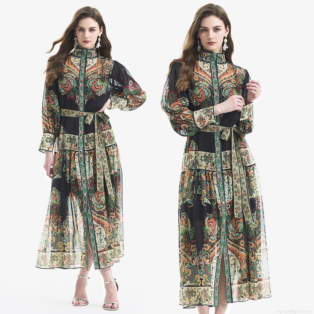 Vintage Bohemian Paisley Print Maxi Dress For Women Lantern Sleeve Stand Collar Ruffle Hem High Waist Retro Ethnic Style Long Dress With Belt