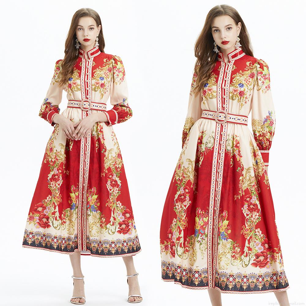 Women Vintage Baroque Floral Print Maxi Dress Long Sleeve Lantern Sleeve A-Line Party Dress With Belt Retro Ethnic Style Elegant Autumn Fall Fashion Gown