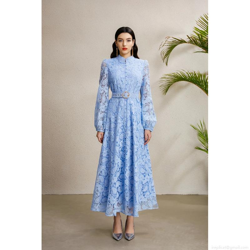 Elegant Palace Stand Collar Lantern Sleeve Lace Maxi Dress With Belt Women Embroidery Hollow Out A-Line Long Dress For Evening Party Wedding Guest