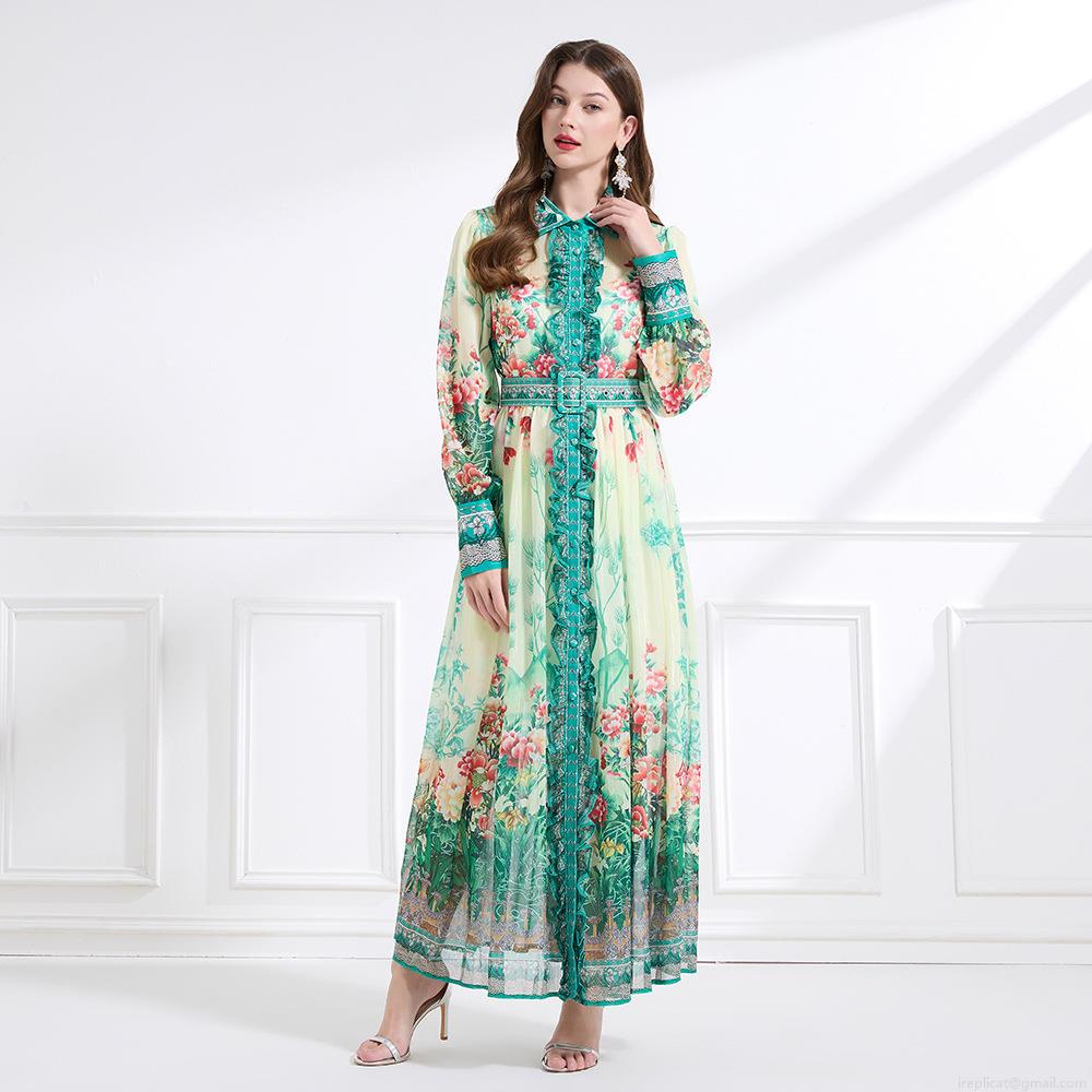 Elegant Women Floral Chiffon Maxi Dress French Retro Printed Long Sleeve Shirt Collar Ruffle Hem Waist Belted Long Dress For Holiday Party Lady