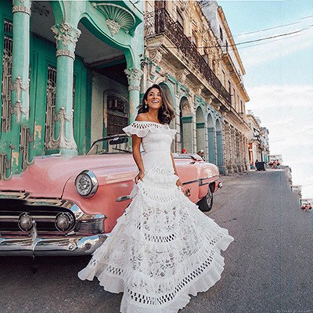 Women's Lace Polyester Off Shoulder Maxi Dress Hollow Out Ruffle Tiered Summer Vacation Boho Beach Dress Long Gown