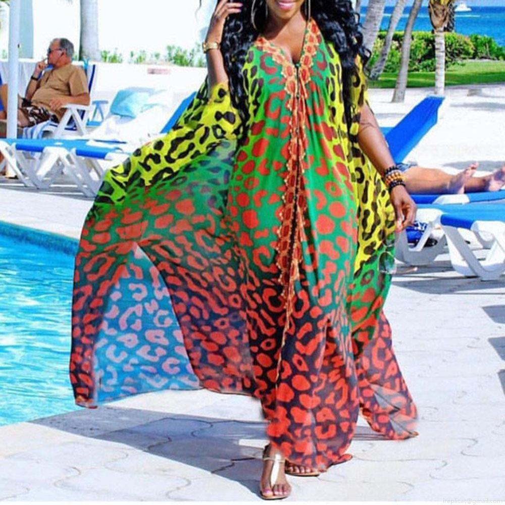 Women's Bohemian Leopard Print Chiffon Maxi Dress V-Neck Batwing Sleeve Loose Fit Vacation Beach Party Long Kaftan Dress