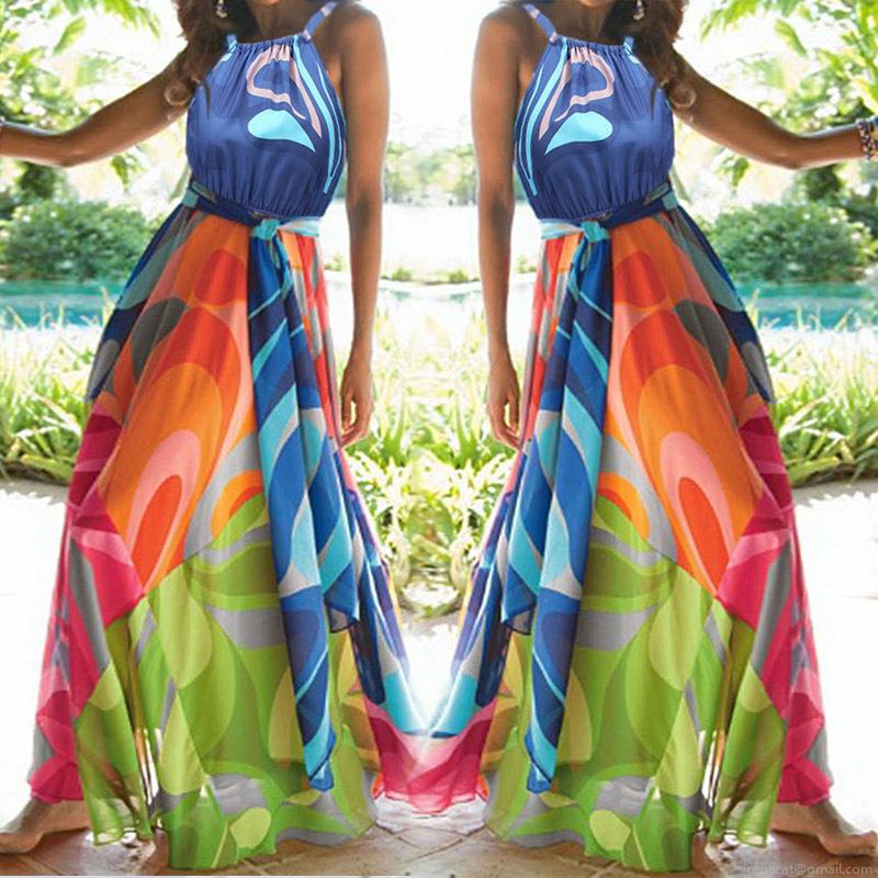 Bohemian Halter Neck Sleeveless Maxi Dress 3D Digital Geometric Print Polyester Blend Long Sundress With Waist Belt For Women Summer Beach Vacation Party