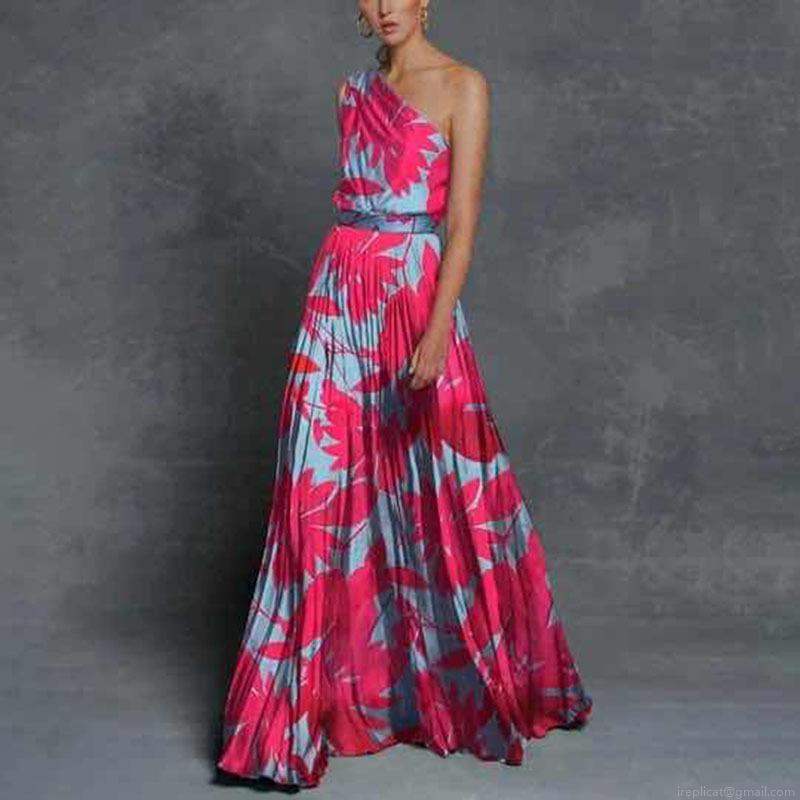 Women's One Shoulder Tropical Leaf Print Maxi Dress Summer Sleeveless Pleated High Waist Long Beach Vacation Dress For Lady