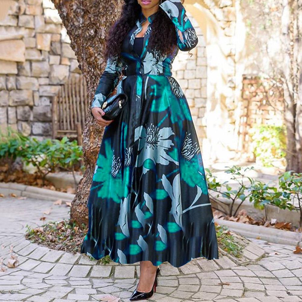 Women's Elegant Long Sleeve Floral Print Maxi Dress High Waist A-Line Big Swing Satin Finish Button Down Shirt Dress For Office Party Summer Vacation Plus Size