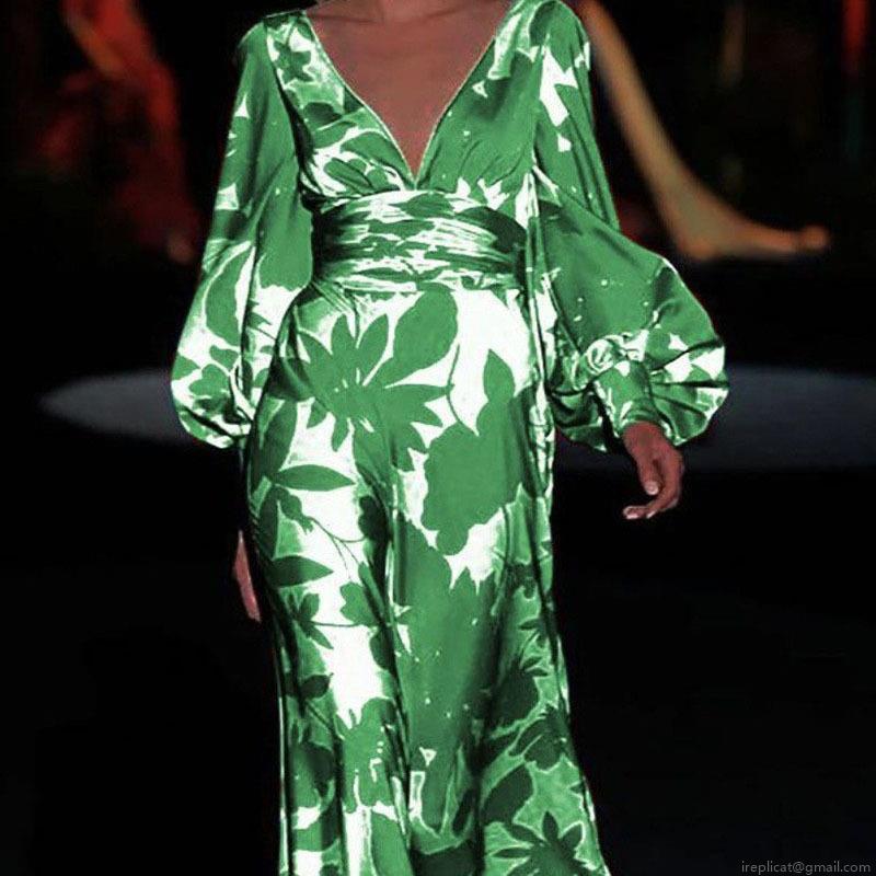 Women's Elegant Floral Print Maxi Dress Satin-Finish V-Neck Lantern Long Sleeve Waist-Cinching High-Waist Dress For Wedding Party Vacation