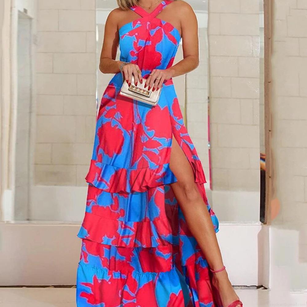 Women's Bohemian Halter Maxi Dress Polyester Floral Print Sleeveless Backless High Slit Ruffle Cake Skirt For Beach Party Vacation Elegant Summer Dress