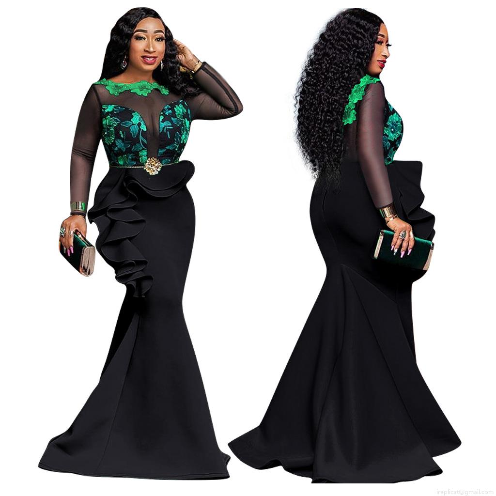 Women Elegant Mermaid Evening Gown Dress Sexy Sheer Mesh Long Sleeve Embroidery Ruffle Trim Floor Length Party Maxi Dress For Formal Wedding Banquet