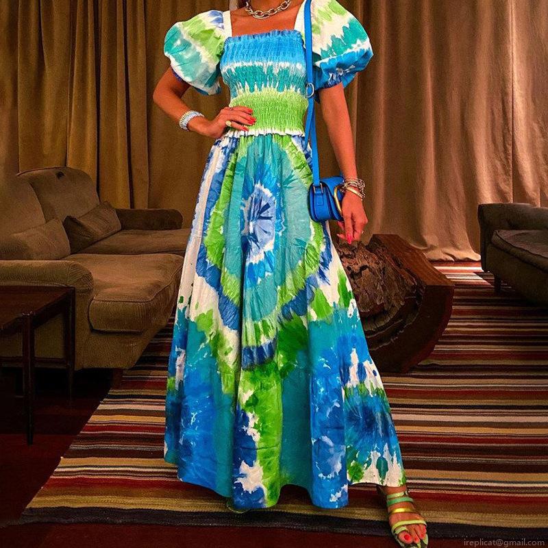 Women's Summer Maxi Dress Polyester Spandex Blend Tie-Dye Print Off-Shoulder Bubble Sleeve Smocked High Waist Boho Long Beach Sundress