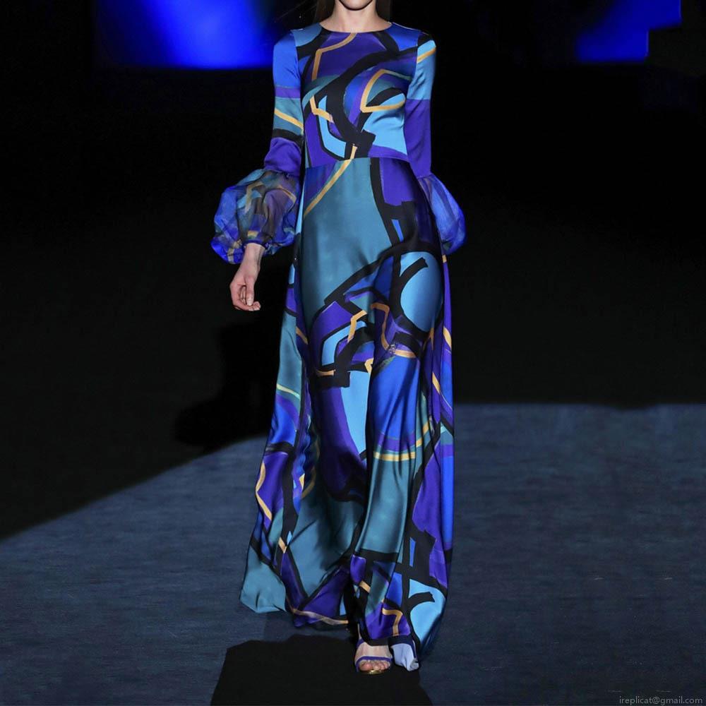 Elegant Women Abstract Geometric Print Maxi Dress Satin Finish Long Lantern Sleeve Round Neck Retro Hepburn Style Commute Party Evening Long Gown