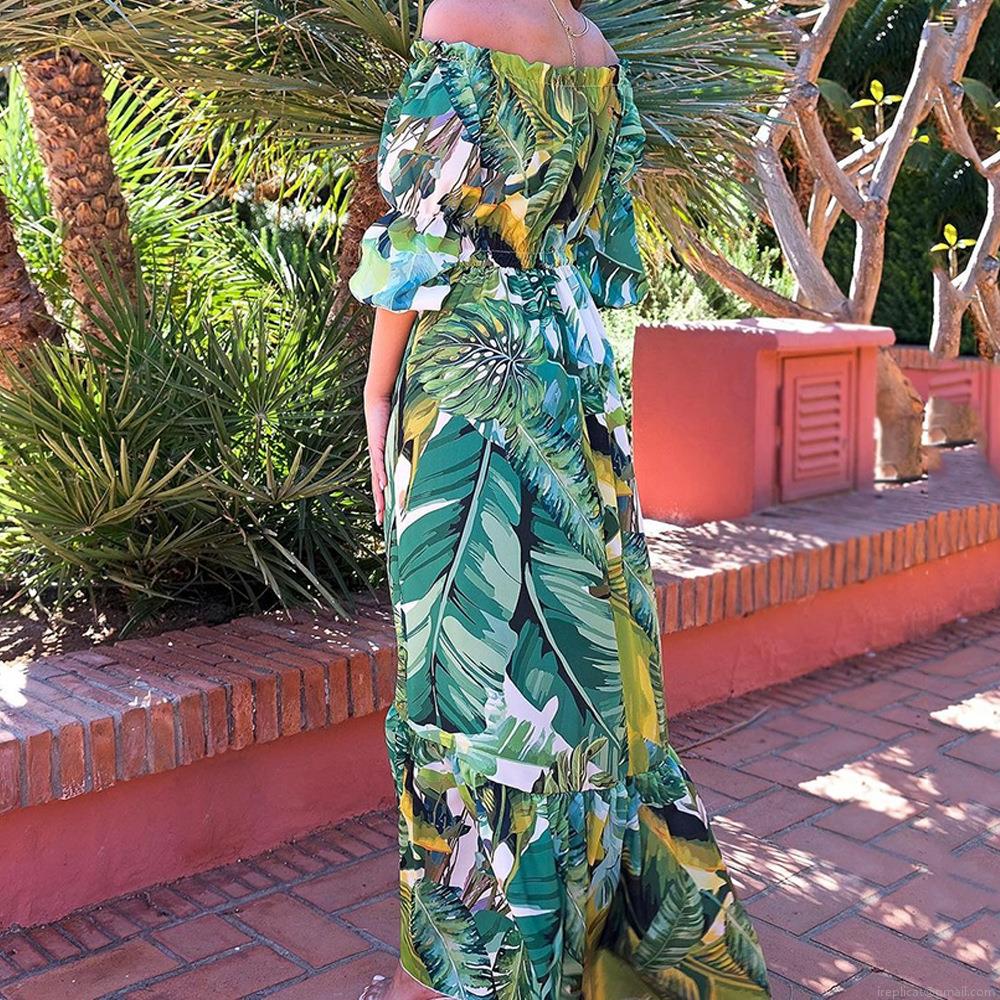Women Summer Tropical Leaf Print Off Shoulder Maxi Dress Chiffon Puff Sleeve Ruffle Hem Bohemian Beach Vacation Long Dress