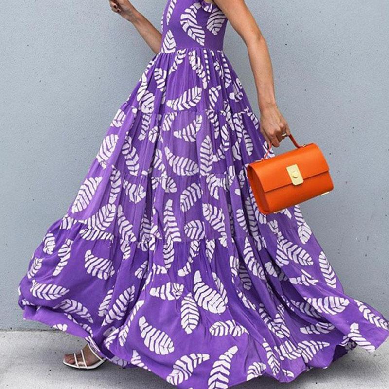 Women's Sleeveless Leaf Print Maxi Dress Ruffle Round Neck Tiered Boho Summer Vacation Polyester Long Dress With Back Zipper For Women