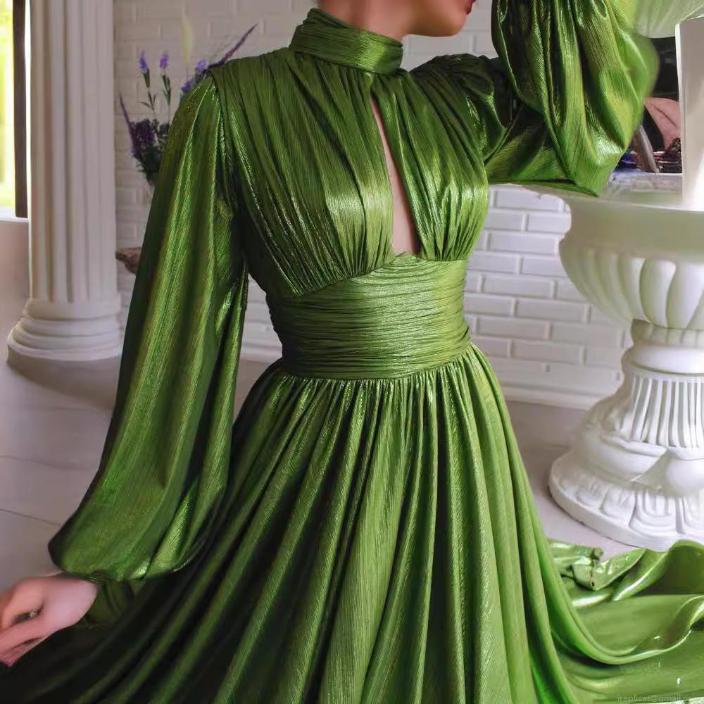 Women's Elegant Metallic Luster Pleated Maxi Dress Long Sleeve High Neck Hollow Out High Slit Formal Evening Party Gown For Wedding Women Clothing