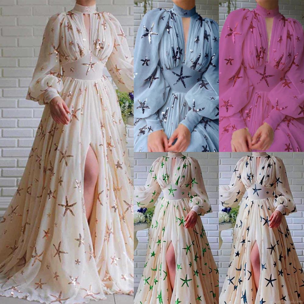 Elegant Chiffon Maxi Dress High Neck Lantern Sleeve Side Split Sequin Star Sea Star Embroidery Formal Evening Party Wedding Guest Gown For Women