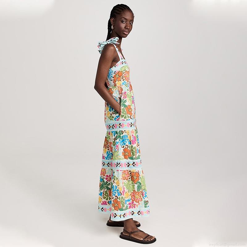 Women's Bohemian Tropical Floral Print Maxi Dress Sleeveless Tiered Bow Strap High Waist Vacation Long Swing Dress