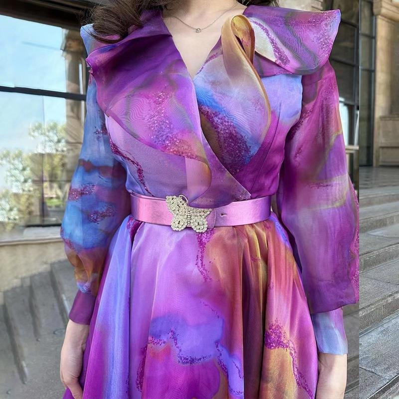 Women Elegant Mesh Printed Maxi Dress Lantern Sleeve V-Neck High Waist Big Swing Party Dress With Butterfly Belt Plus Size Bohemian Commuter Dress