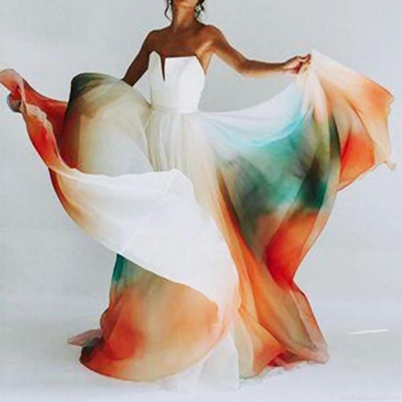 Women's Elegant Gradient Rainbow Maxi Dress Strapless Chiffon Large Swing Floor Length Gown For Summer Beach Party Photography