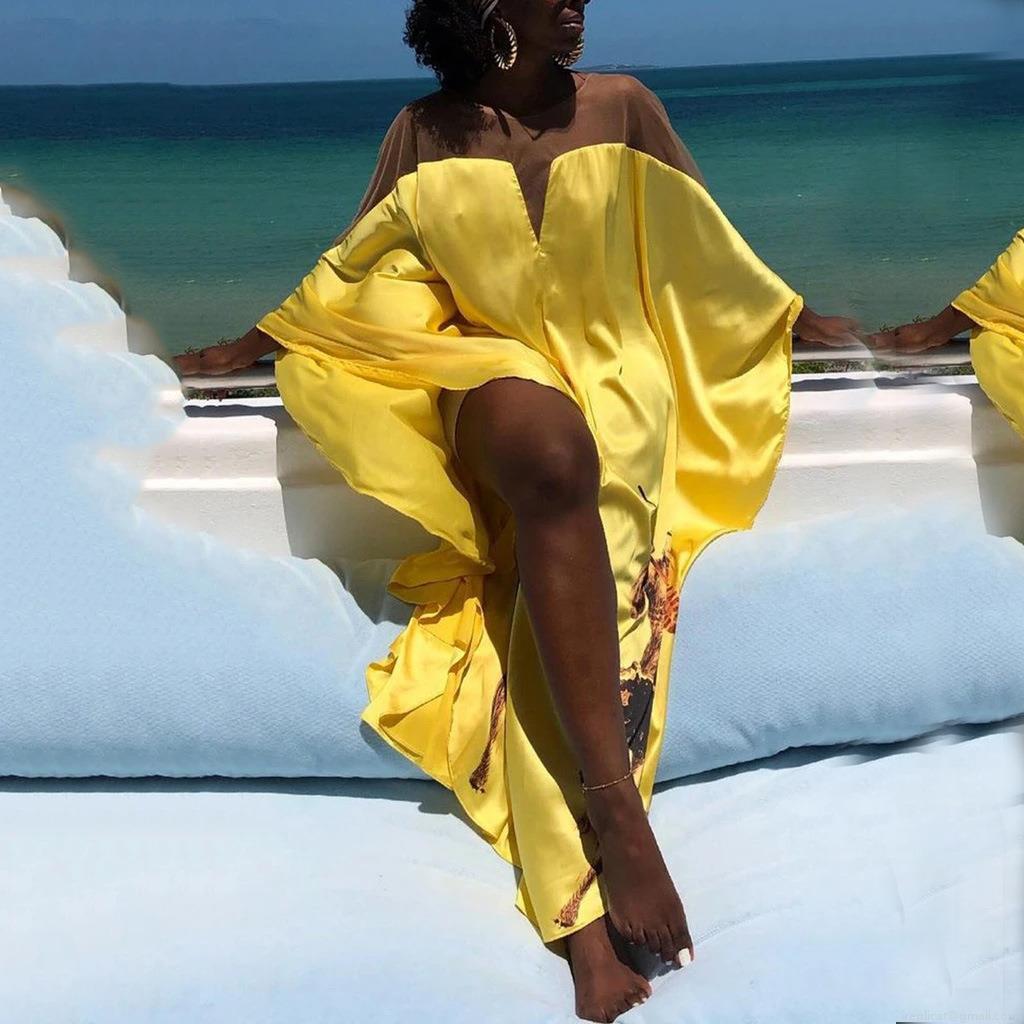 Women Summer Kaftan Maxi Dress Yellow Satin Digital Print Loose Fit Mesh Patchwork V-Neck Bohemian Beach Vacation Party Long Dress