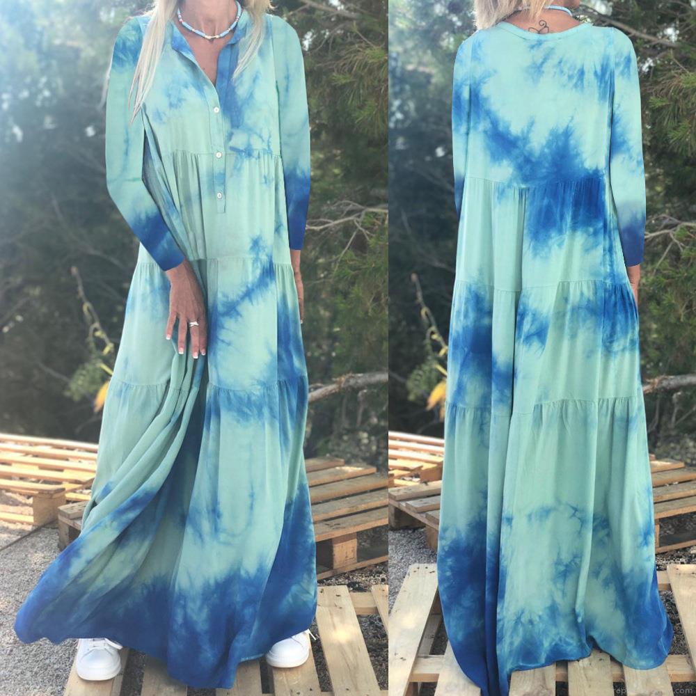 Women's Tie Dye Gradient Maxi Dress Polyester Long Sleeve Lapel Collar Large Swing Bohemian Vacation Party Long Dress For Ladies Spring Summer