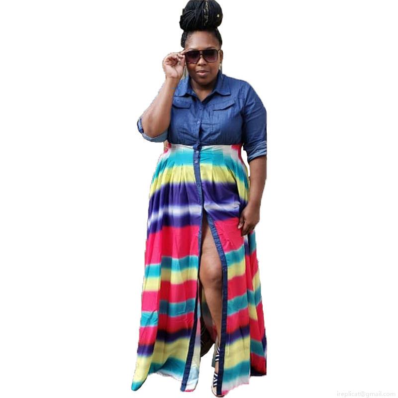 Women's Denim Patchwork Chiffon Printed Maxi Dress Boho Shirt Collar Long Sleeve Large Swing Long Dress with Belt