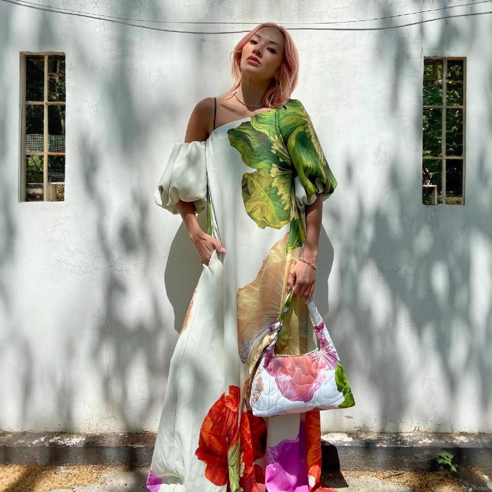Women Sexy One Shoulder Floral Print Maxi Dress Puff Sleeve Elegant Summer Holiday Beach Party Long Dress