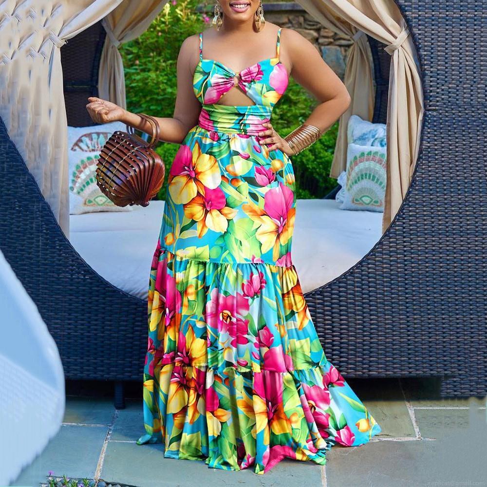 Women's Sexy Floral Print Camisole Maxi Dress Bohemian Backless Cutout Tropical Summer Beach Long Dress Layered Party Sundress Elegant Vacation Clothing