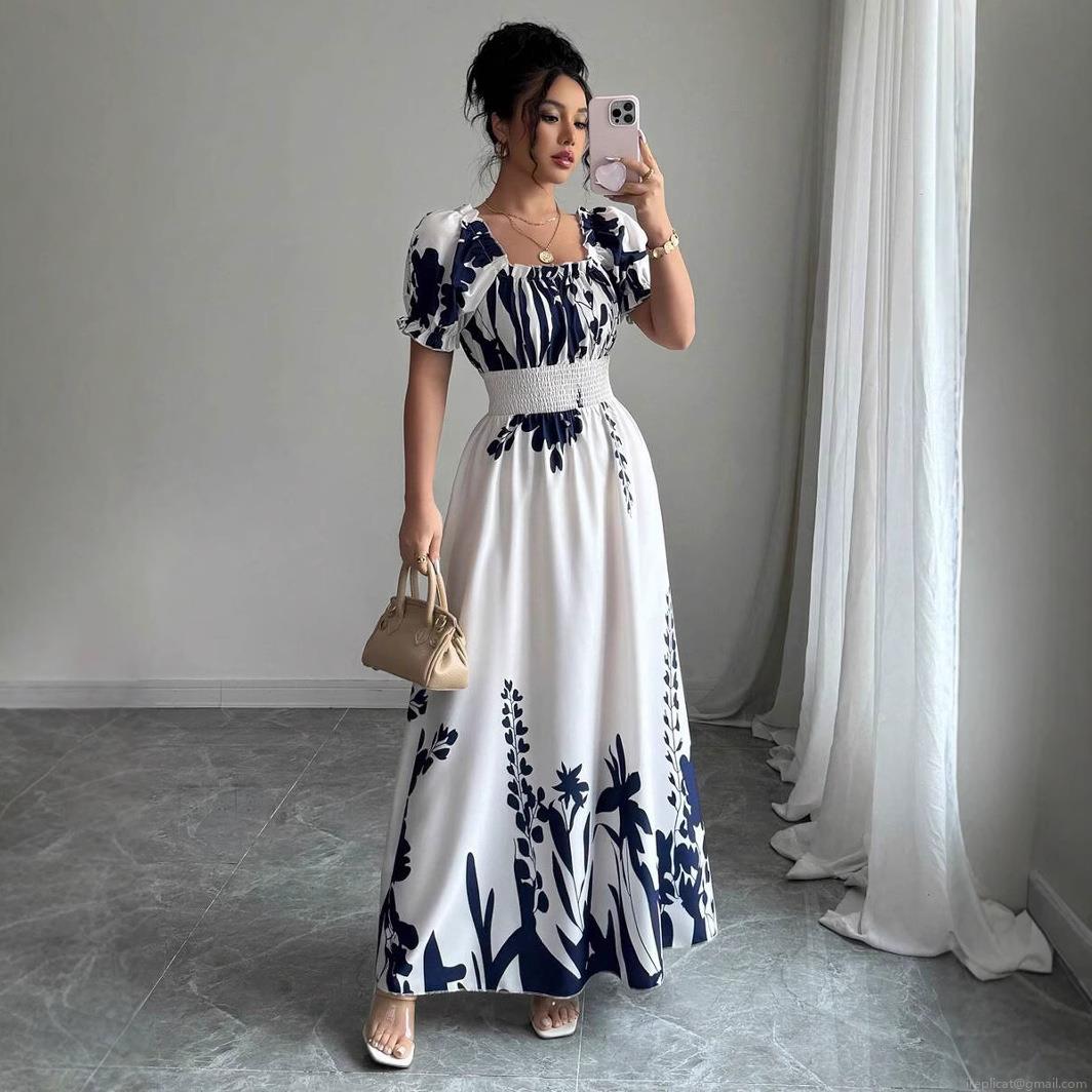 Women's Summer Floral Print Maxi Dress Short Puff Sleeve Square Neck Smocked Waist A-Line Large Swing Chiffon Long Dress For Vacation Beach Party