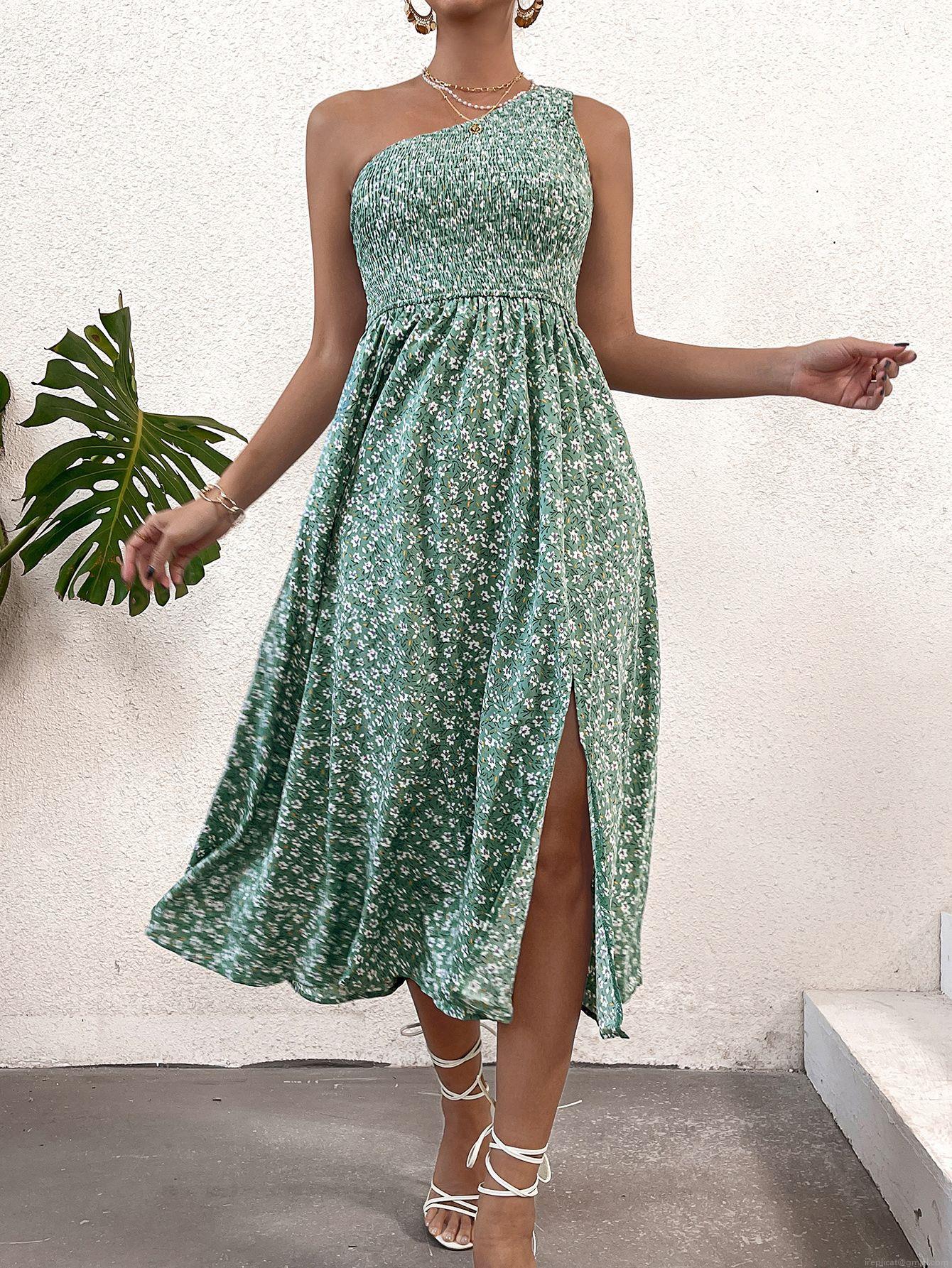 Elegant One Shoulder Floral Print Maxi Dress For Women Summer Sexy Ruched High Slit Polyester Spandex Bodycon A-Line Long Dress For Vacation Party