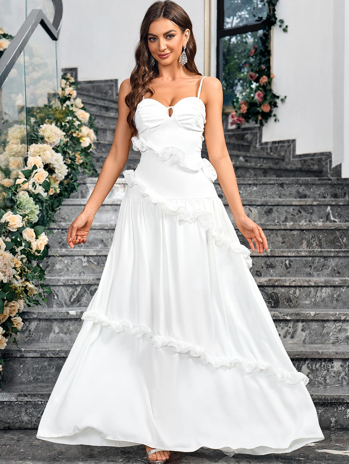 Elegant White Ruffle Maxi Dress Tiered Spaghetti Strap Sleeveless V-Neck Wedding Party Evening Formal Gown For Women Polyester