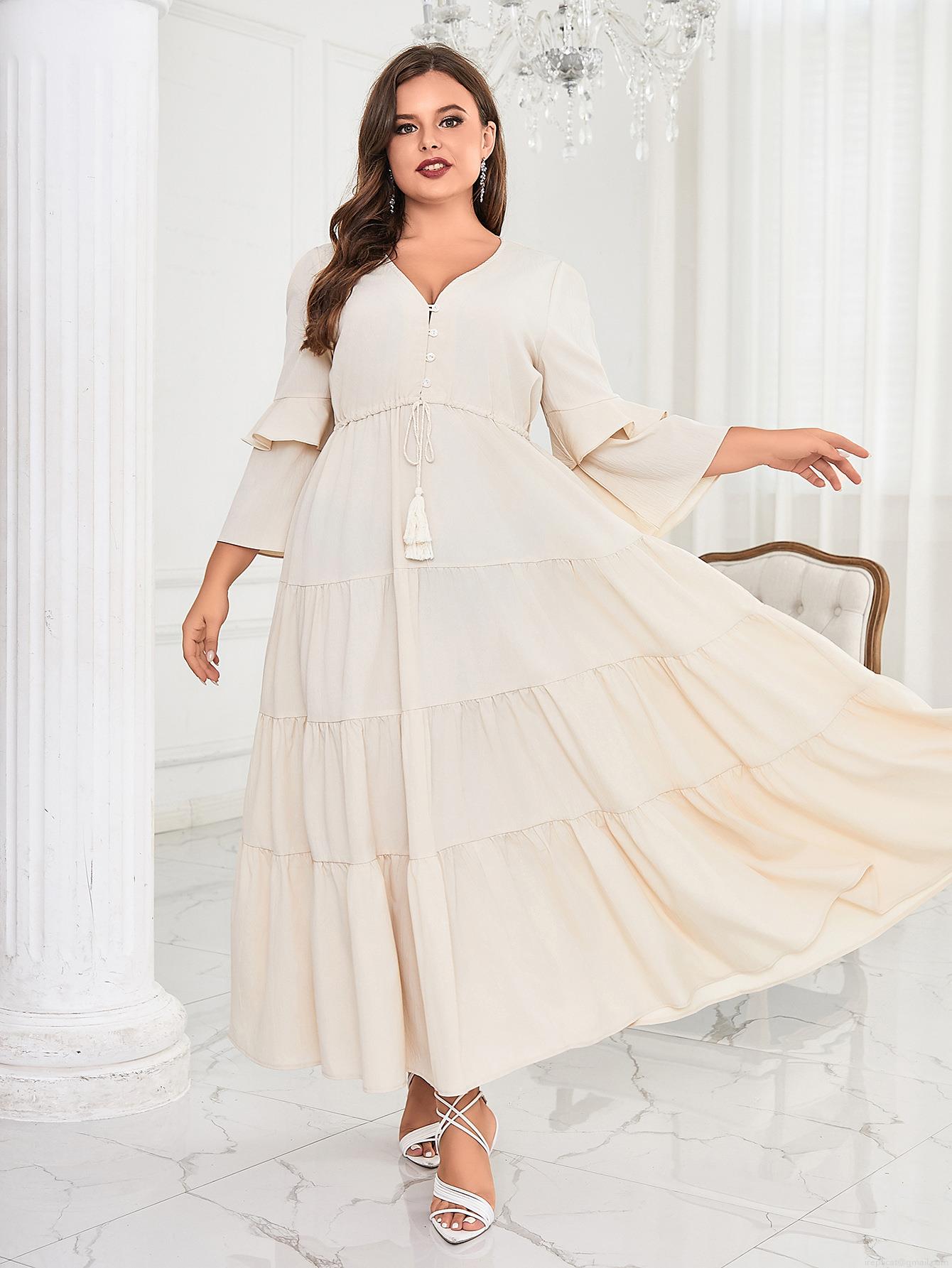 Women Plus Size V Neck Maxi Dress Polyester Blend Pleated Tiered Ruffle Long Sleeve Solid Color Boho Beach Resort Long Dresses For Women