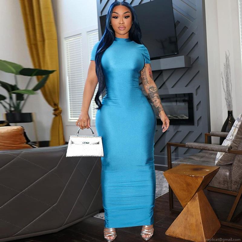 Women's Sexy Solid Color Shiny Bodycon Maxi Dress Short Sleeve Mock Neck Side Slit Party Dress Polyester Spandex Blend Elegant Evening Gown Banquet Dress for Women