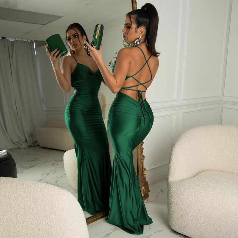Women Sexy Satin V Neck Backless Fishtail Evening Dress Elegant Cross Strap Bodycon Maxi Gown For Party Wedding Banquet Prom Long Slip Dress