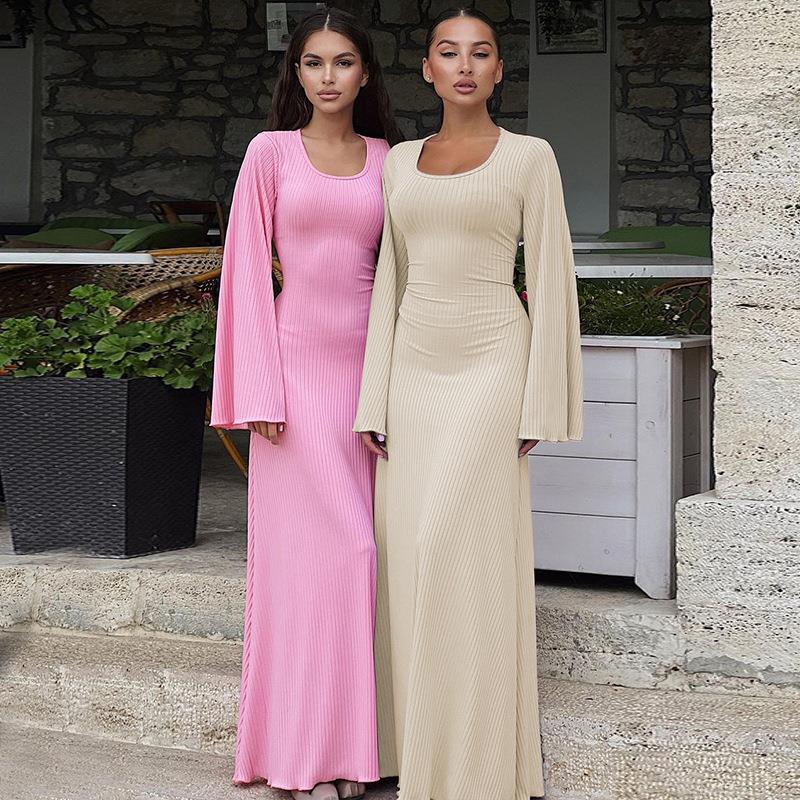 Women's Ribbed Knitted Maxi Dress Elegant U-Neck Backless Lace-Up Slim Fit Flare Long Sleeve Solid Color Club Party Long Dresses