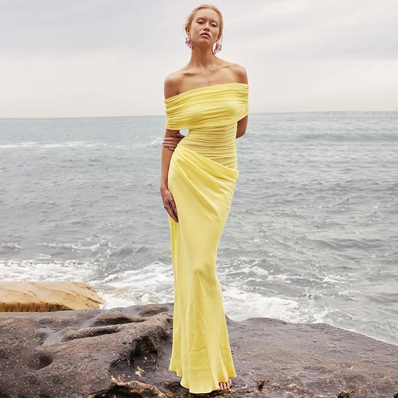 Women Sexy Off Shoulder Maxi Dress Pleated Hollow Out Bodycon Long Evening Party Dress Polyester Spandex High Waist Backless Slim Fit Summer Clubwear