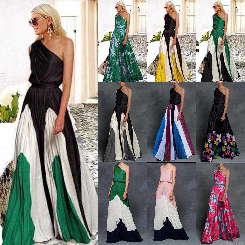 Women's Sexy One-Shoulder Pleated Maxi Dress Elegant Color Block Splicing Sleeveless Floral Printed Long Dress Summer Vacation Beach Party Apparel