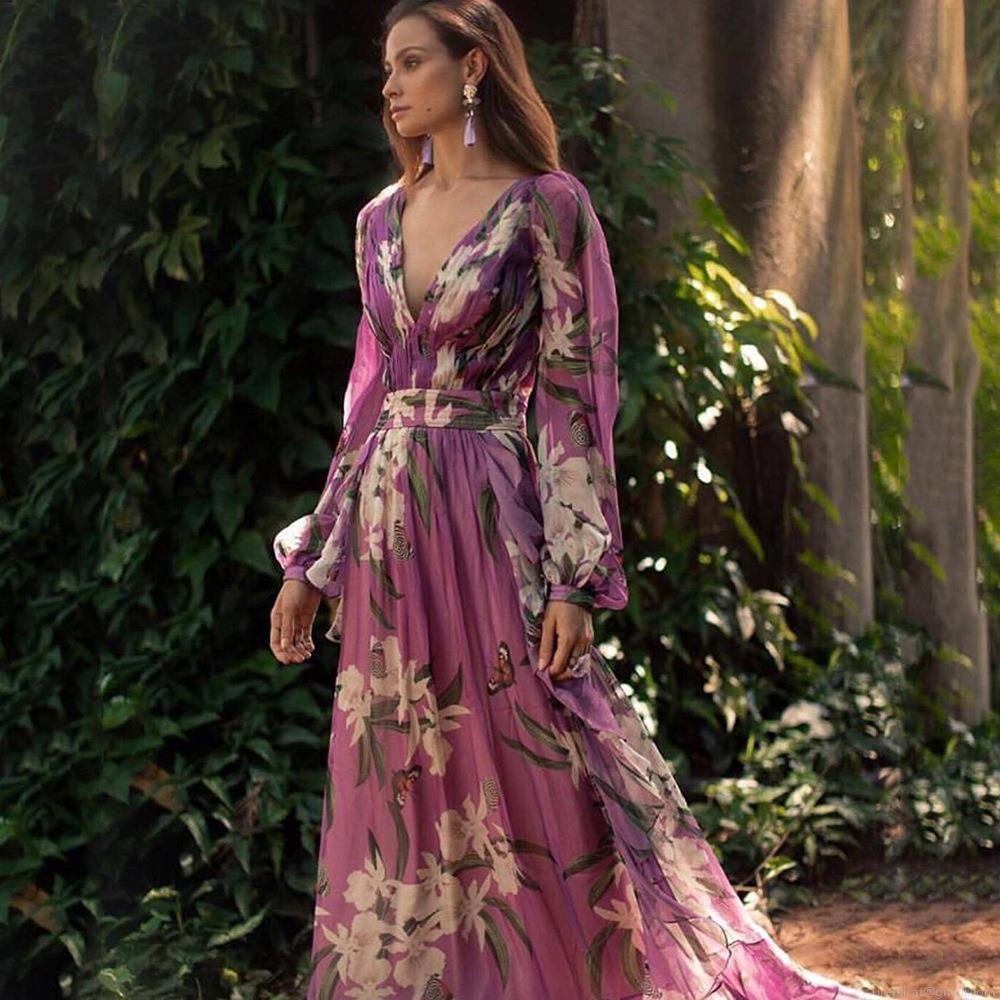 Women's Elegant V Neck Long Sleeve Floral Print Chiffon Maxi Dress Bohemian High Waist Flowy Beach Party Vacation Long Dress