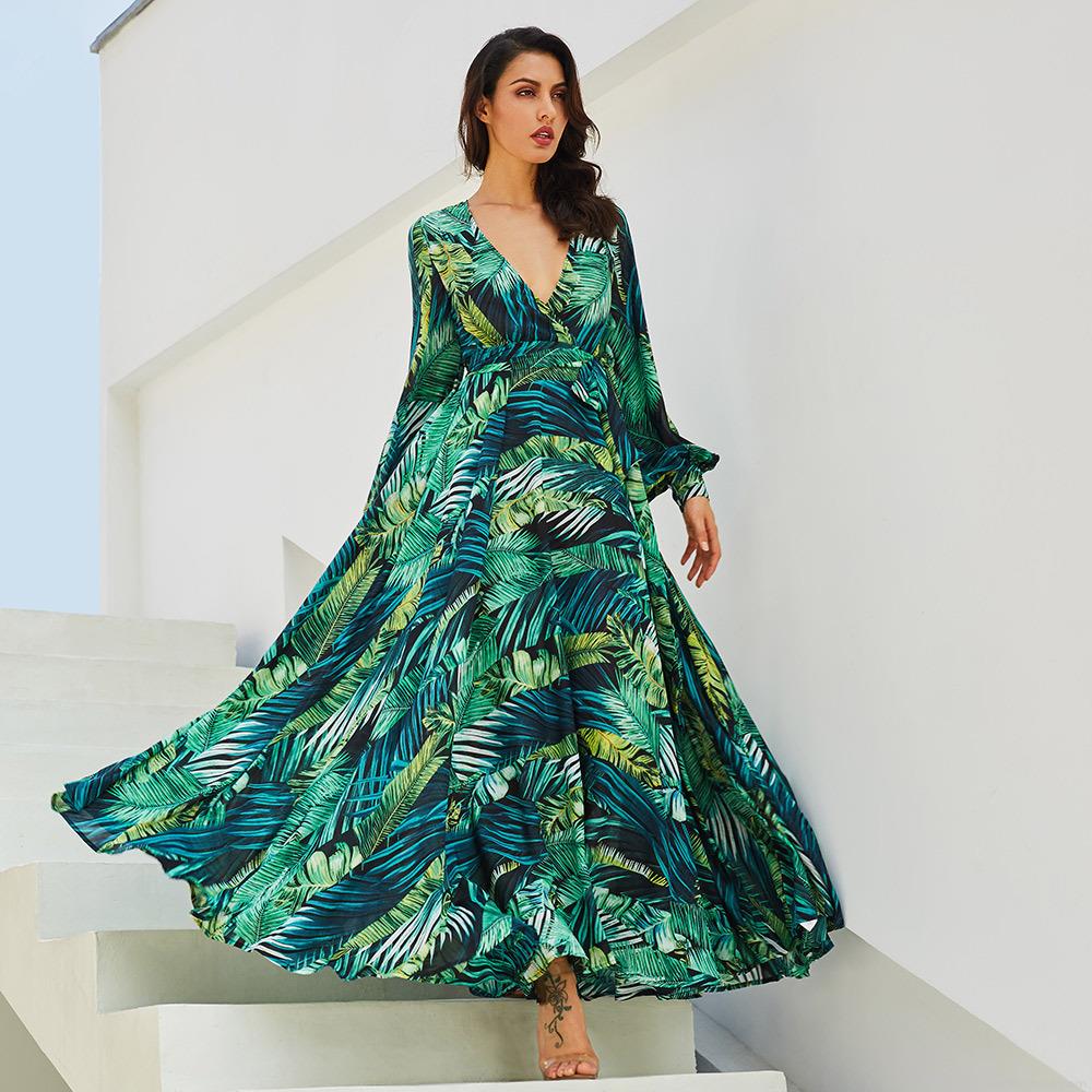 Women's Bohemian V Neck Lantern Sleeve Maxi Dress Chiffon Tropical Leaf Print High Waist Tie Front Long Dress For Summer Beach Vacation Elegant Flowy Party Gown