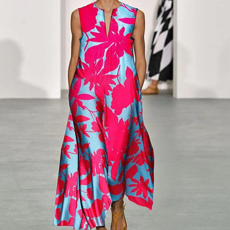 Women's Boho Floral V-Neck Maxi Dress Sleeveless Summer Beach Vacation Loose Satin Print Long Dress For Ladies Elegant Party Wedding Guest