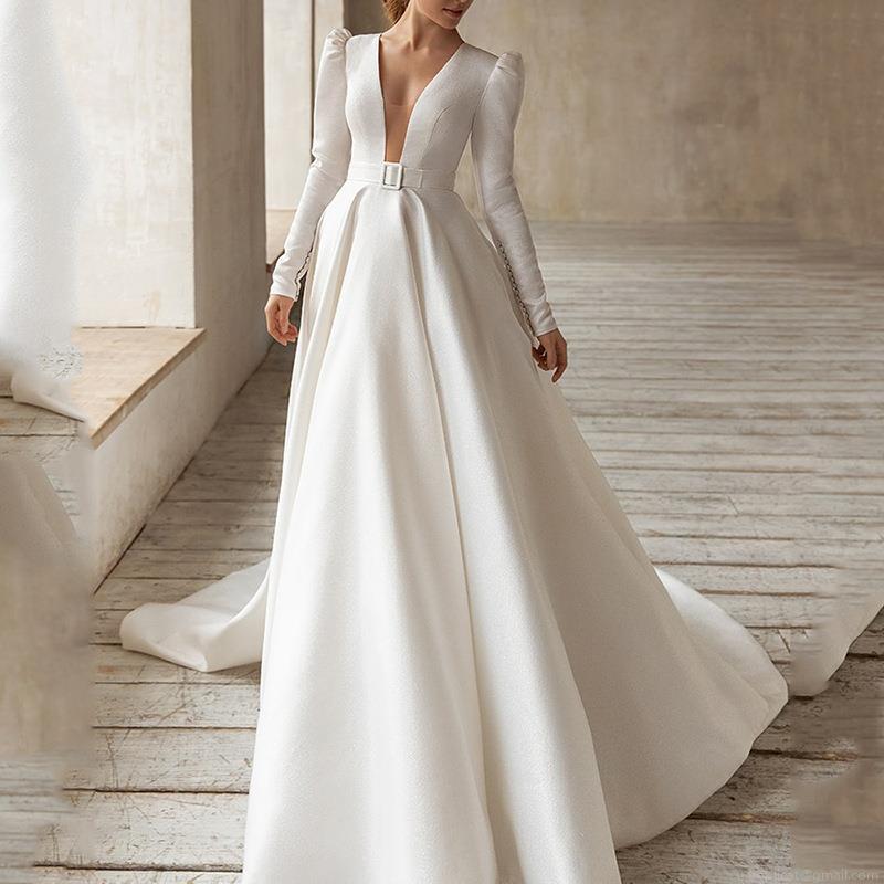 Elegant White Satin Maxi Dress V-Neck Long Sleeve Bubble Sleeve Gown For Women Wedding Party Evening Formal Wear Slim Fit High Waist With Belt