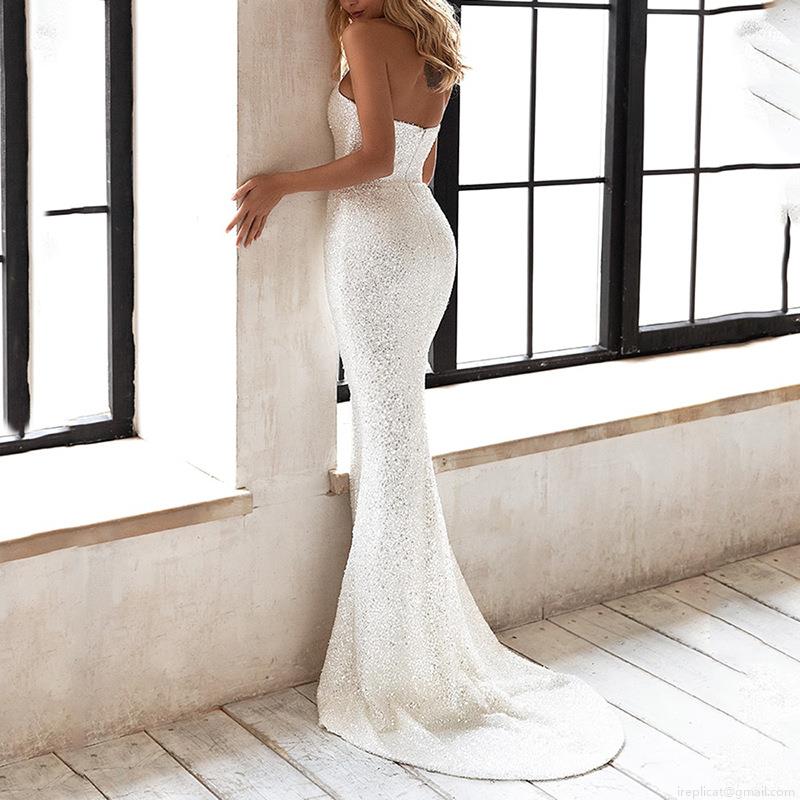 Women Elegant White Sequin Strapless Mermaid Evening Gown Satin Lace Bow Backless Long Maxi Dress For Wedding Party Banquet Formal Occasions