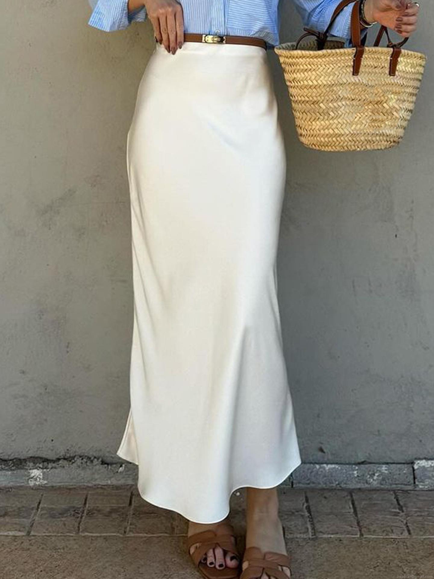 Women's Elegant White Satin Mid-Length Hip Skirt High Waist Solid Color Bodycon Pencil Skirt for Office Banquet Fall Winter Commuter