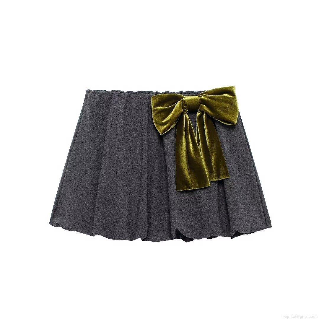 Women's Sweet Aesthetic Bubble Mini Skirt With Large Olive Green Velvet Bow Decor Elastic High Waist Dark Grey Short Skirt For Party Casual Girly Style