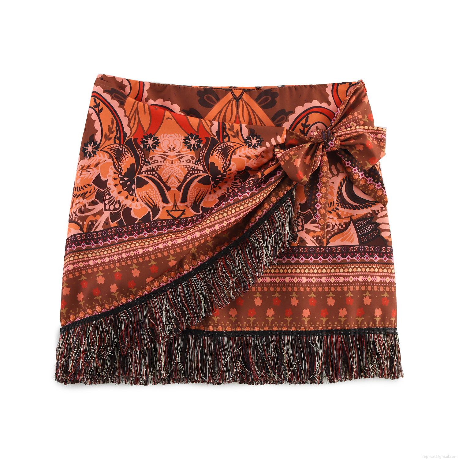 Women's Bohemian Paisley Print Mini Skirt With Fringe Tassel Side Tie Knot Bodycon Short Skirts For Vacation Beach Party Wear