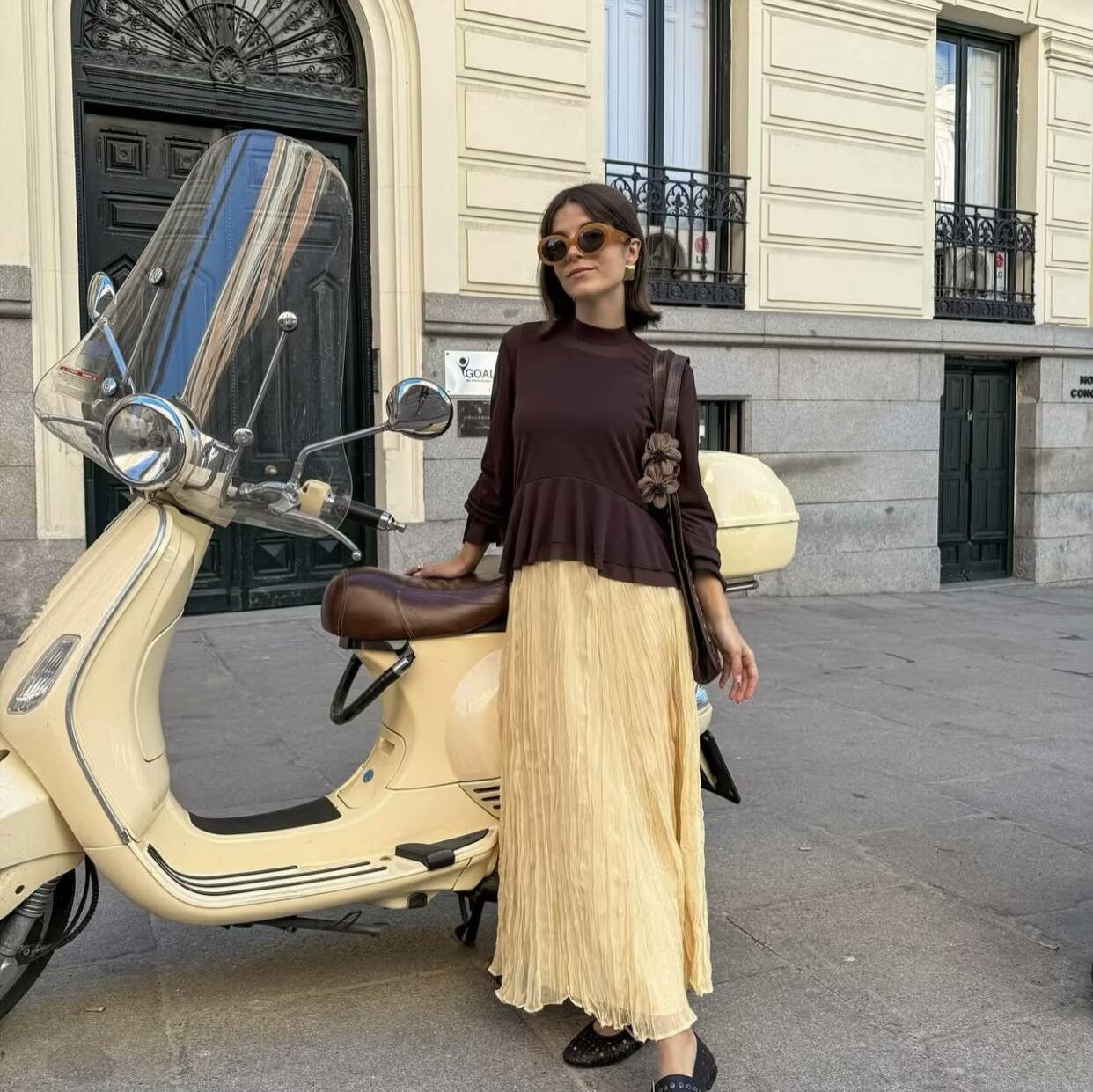 Women's Sweet Pale Yellow Pleated Maxi Skirt 100% Polyester Elastic Waist Long Skirt For Street Style Summer Holiday Daily Casual Lady