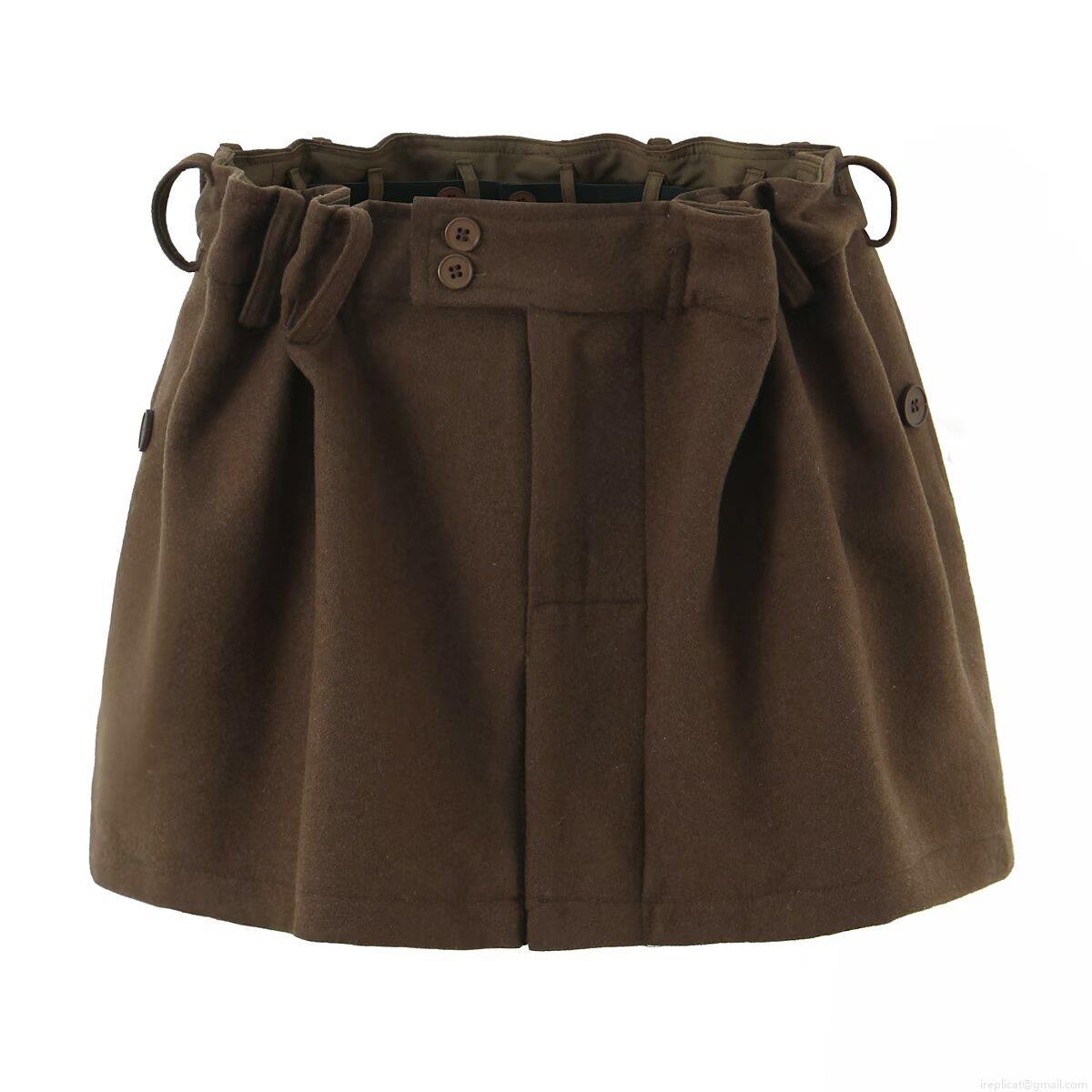 Women Autumn Winter Wool Blend A-Line Short Skirt High Waist Elastic Pleated Mini Skirt With Pocket And Buttons Casual Office Wear Brown