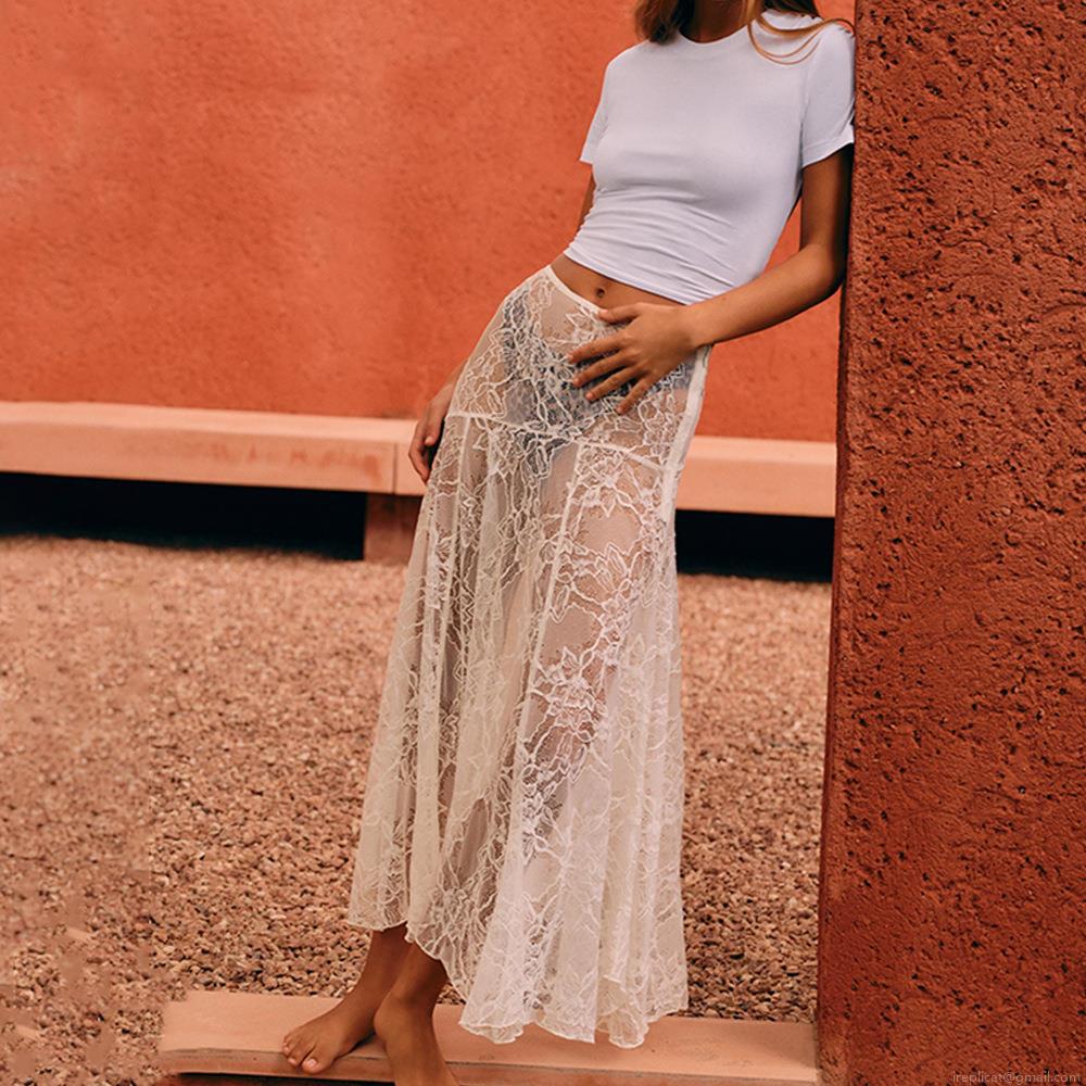 Sexy White Lace See Through Maxi Skirt Women Low Waist Floral Mesh Hollow Out Summer Beach Vacation Long Skirt Elegant Polyester Spandex Skirt