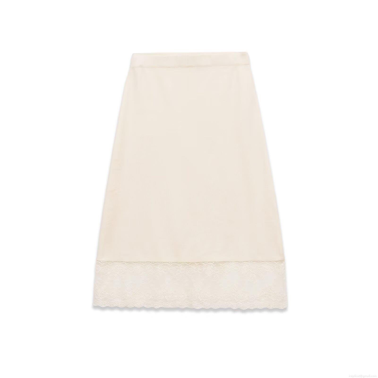 Women's Elegant Satin Texture Midi Skirt With Lace Trim Hem Patchwork High Waist Elastic Skirt For Daily Dating Streetwear Ladies Beige
