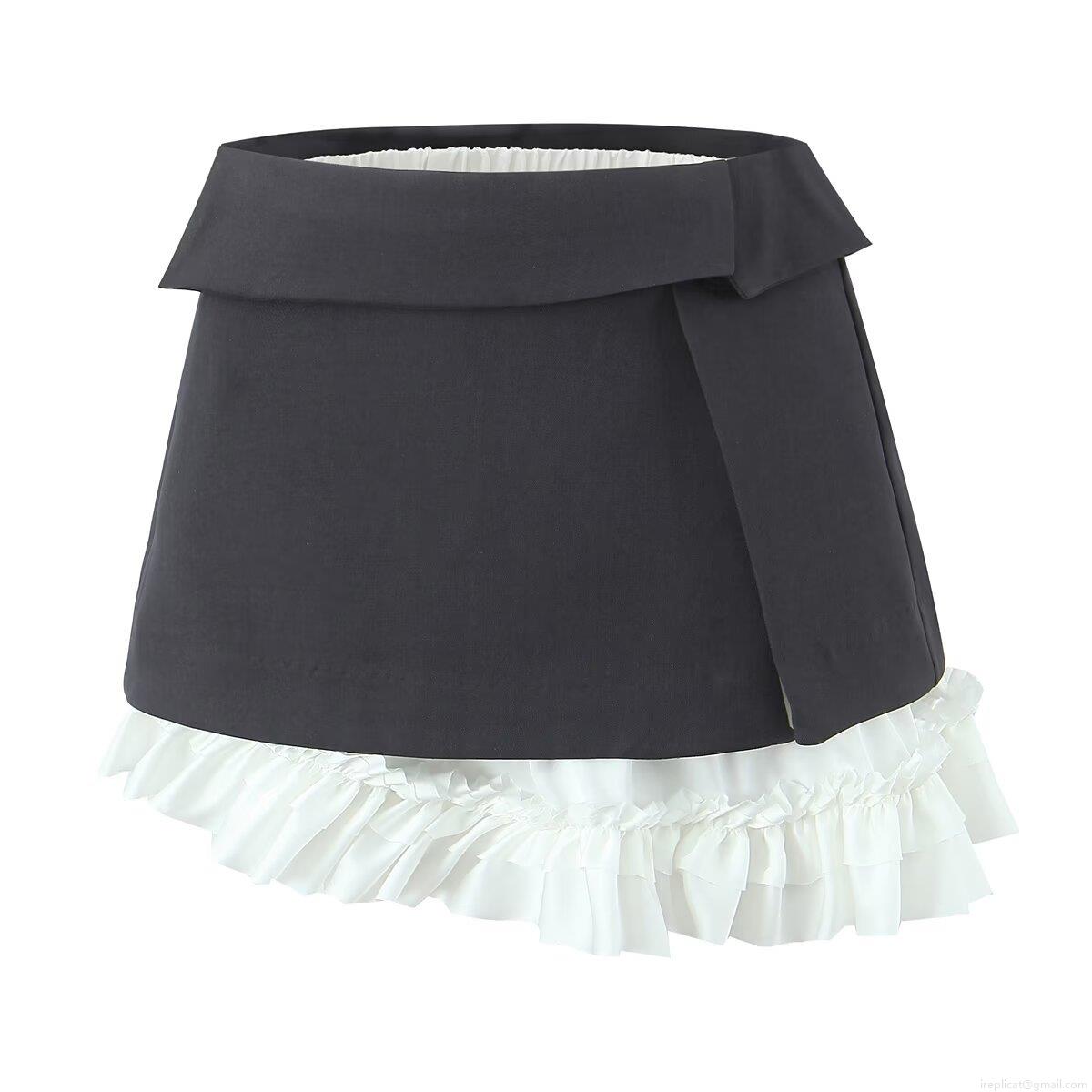 Women's European Style High Waist A-Line Mini Skirt With Ruffle Hem Deep Grey Polyester Spandex Slit Short Skirt For Streetwear Party