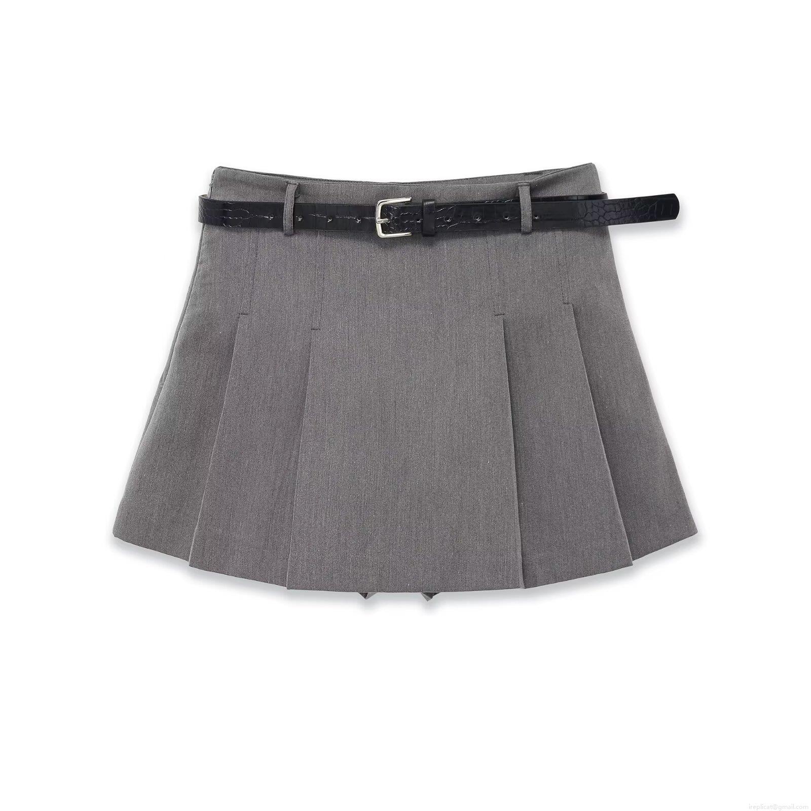 Women's Solid Color Polyester Pleated Mini Skirt With PU Leather Belt A-Line Mid Waist Short Streetwear Skirt For Ladies