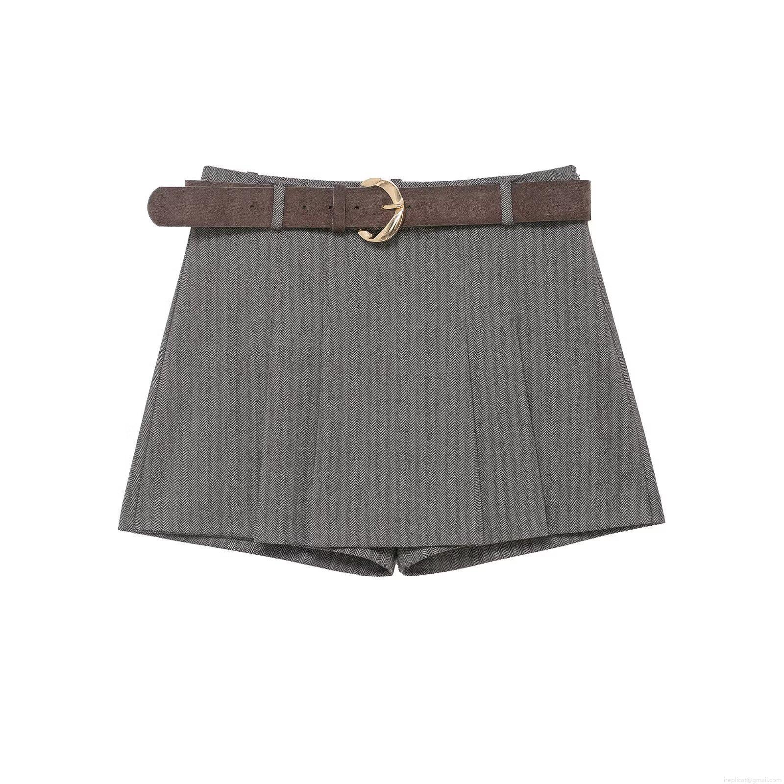 Women's Herringbone Mini Skirt With Suede Belt Elegant Grey High Waist Pleated Shorts Skirt Fall Spring Culottes For Ladies Streetwear